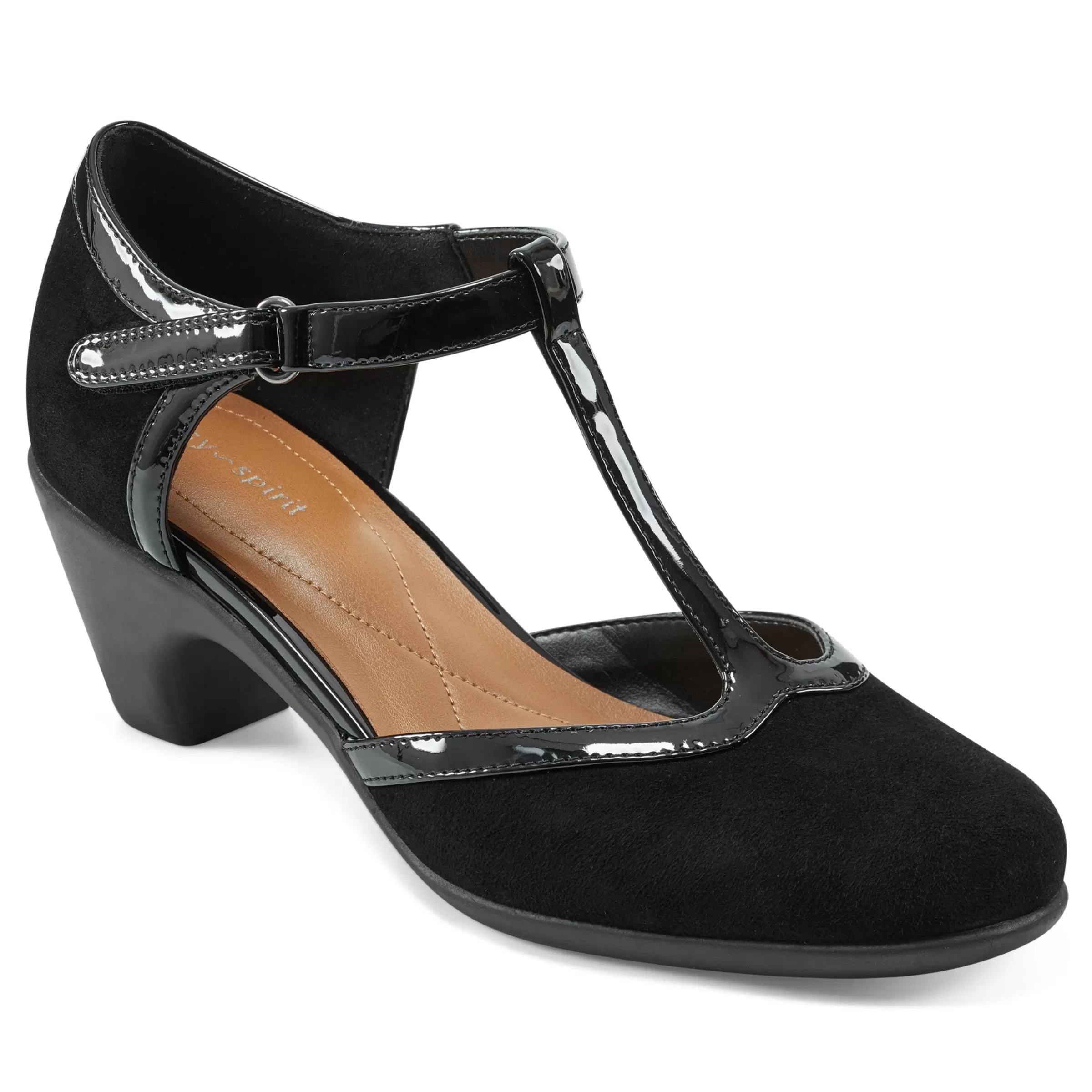 Mid Heels | Pumps-Easy Spirit Cara T-Strap Heels Black Suede