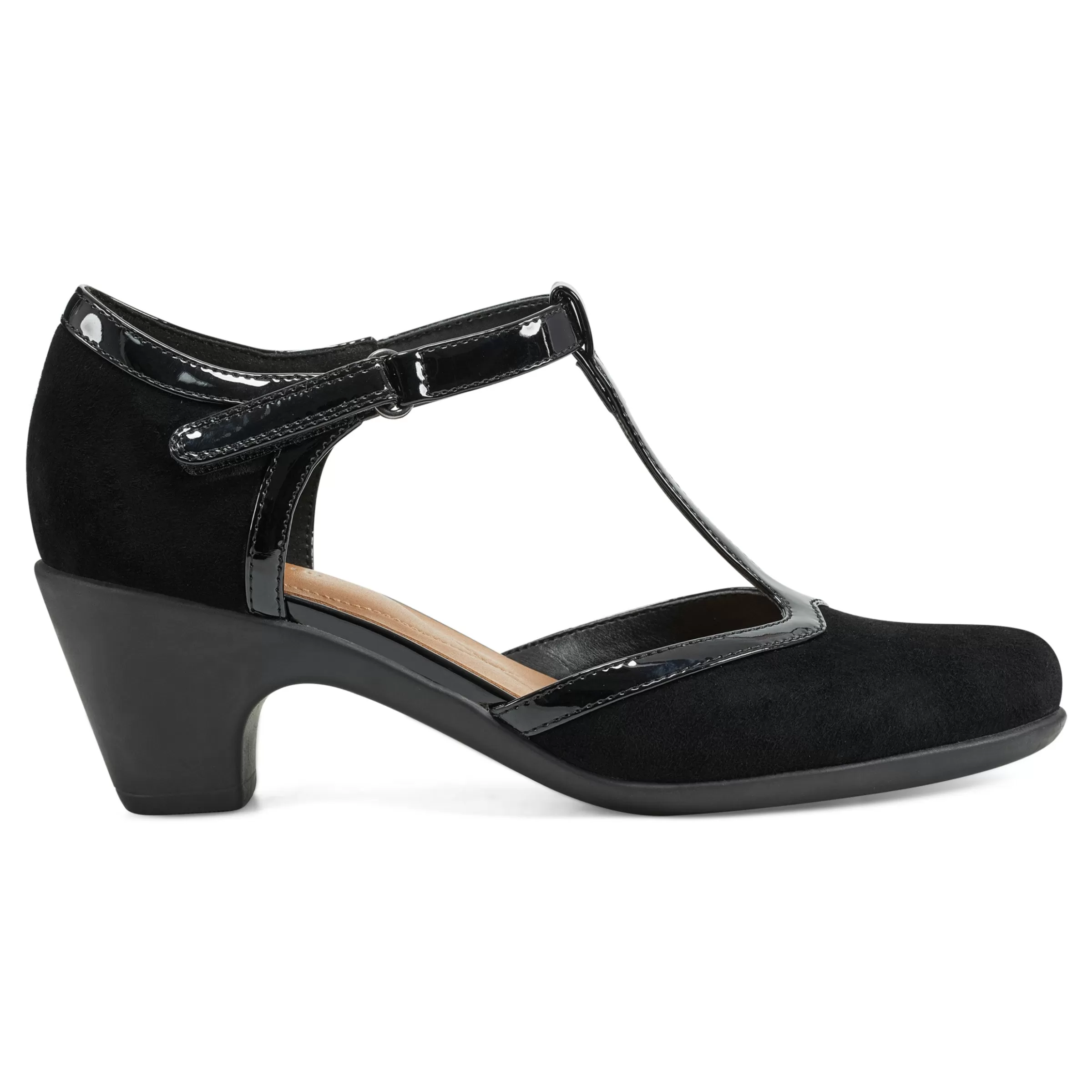 Mid Heels | Pumps-Easy Spirit Cara T-Strap Heels Black Suede