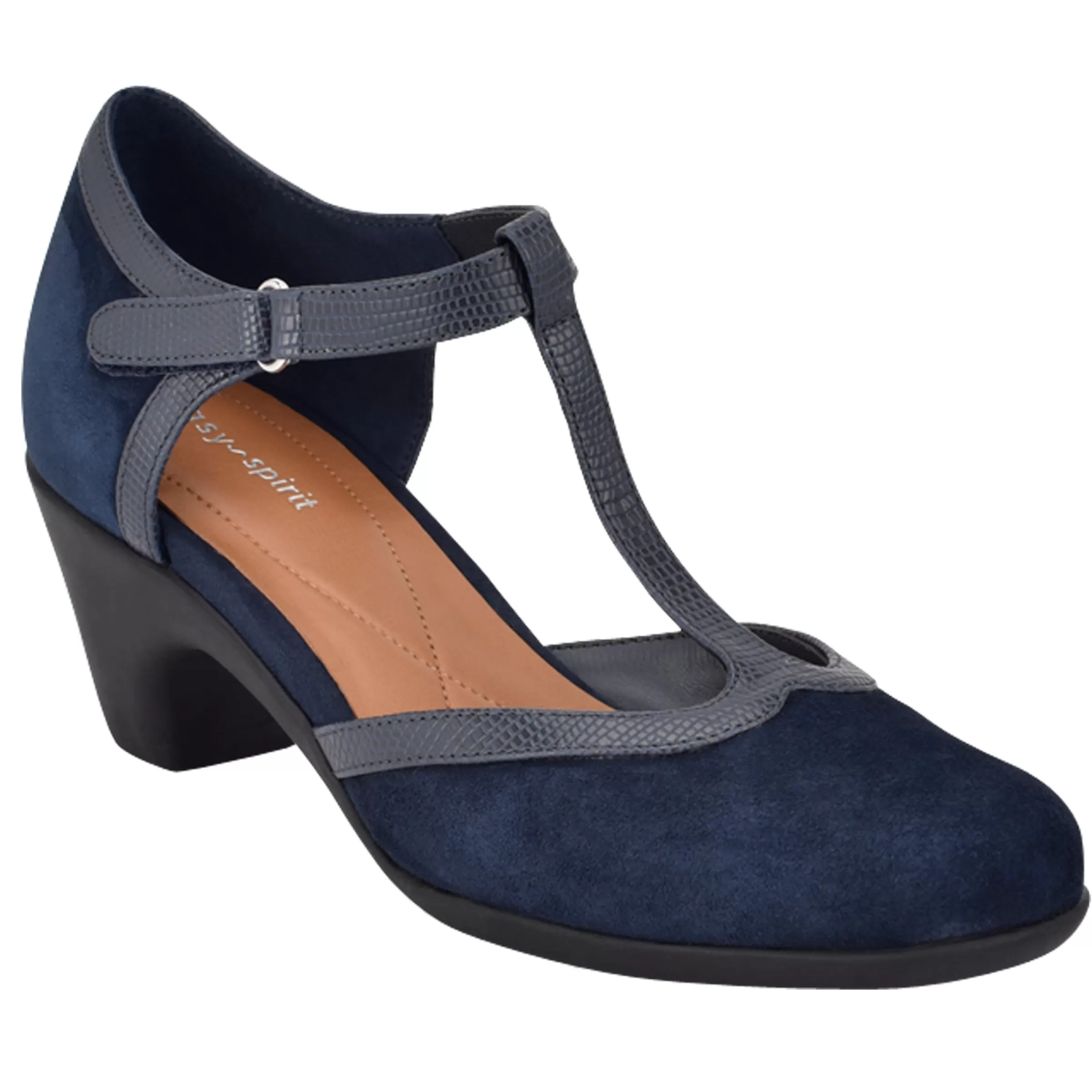 Mid Heels | Pumps-Easy Spirit Cara T-Strap Heels Navy Suede