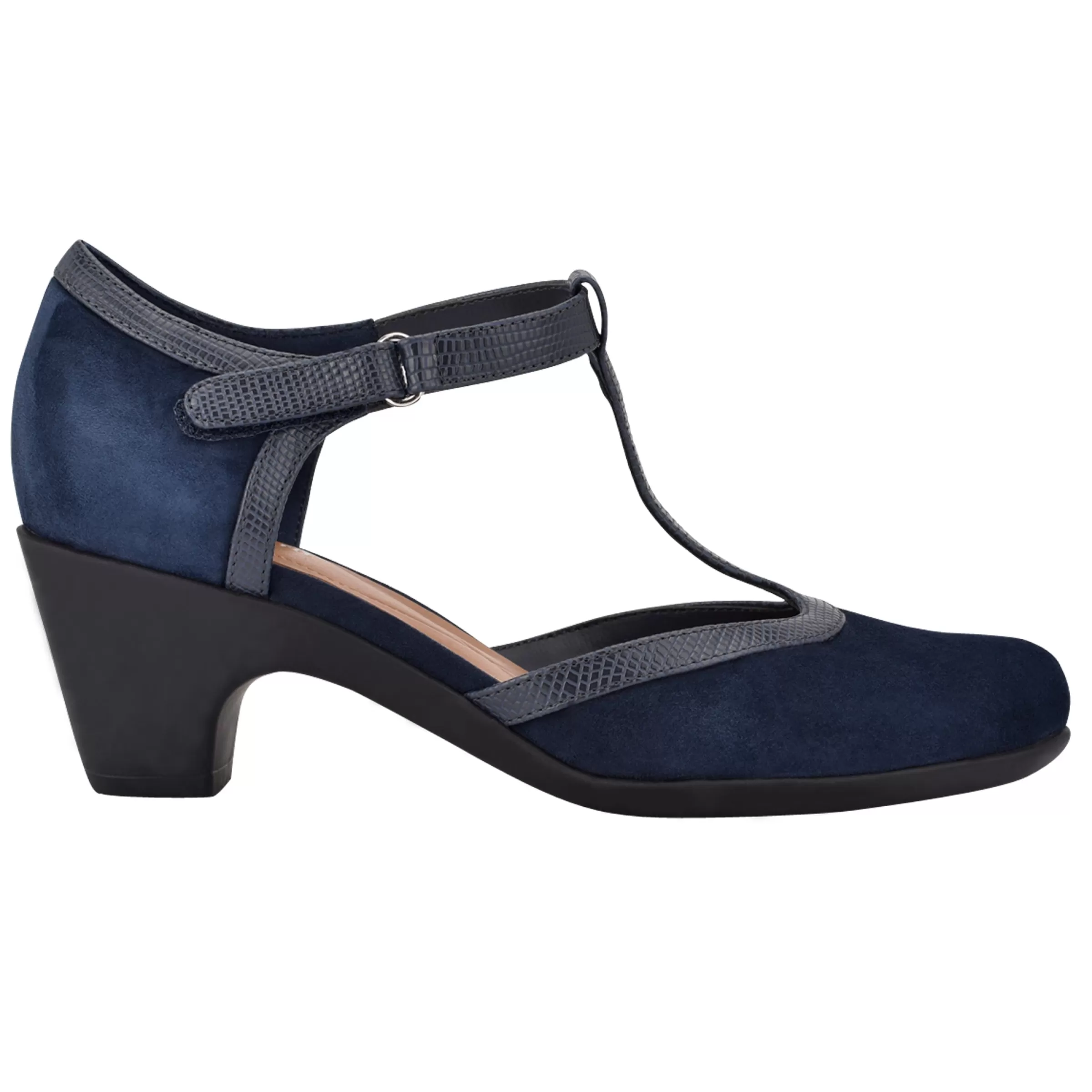 Mid Heels | Pumps-Easy Spirit Cara T-Strap Heels Navy Suede