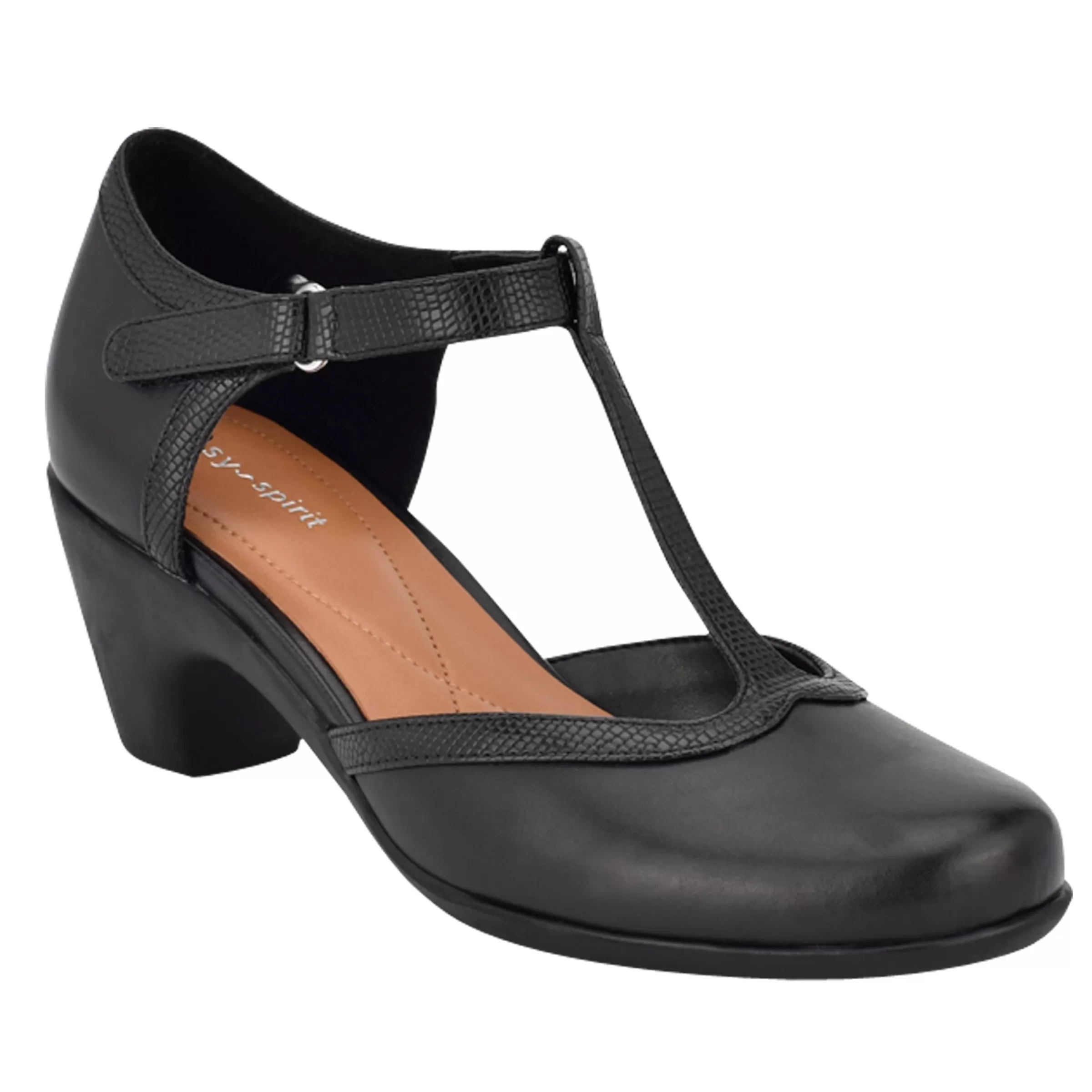 Mid Heels | Pumps-Easy Spirit Cara T-Strap Heels Black Leather