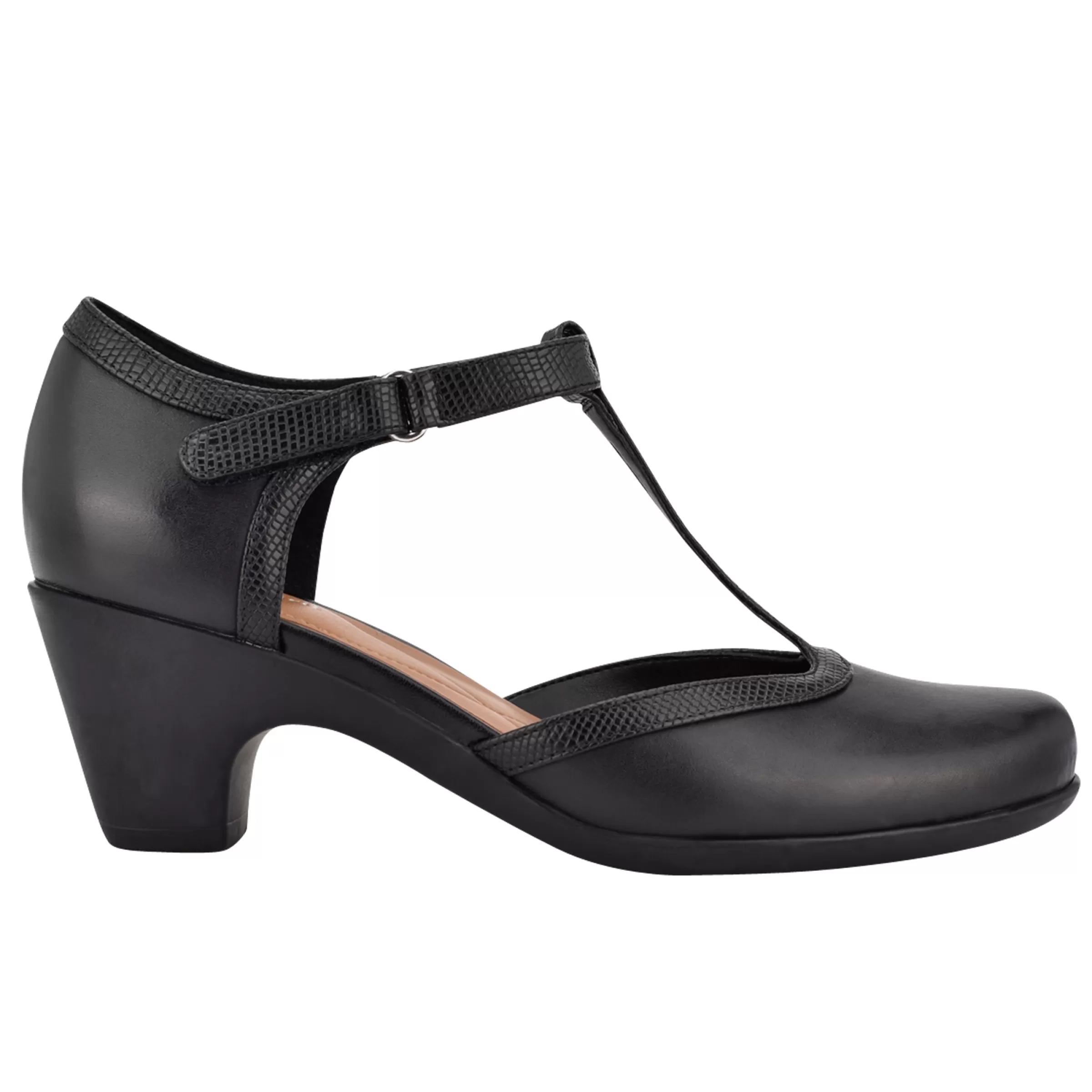 Mid Heels | Pumps-Easy Spirit Cara T-Strap Heels Black Leather