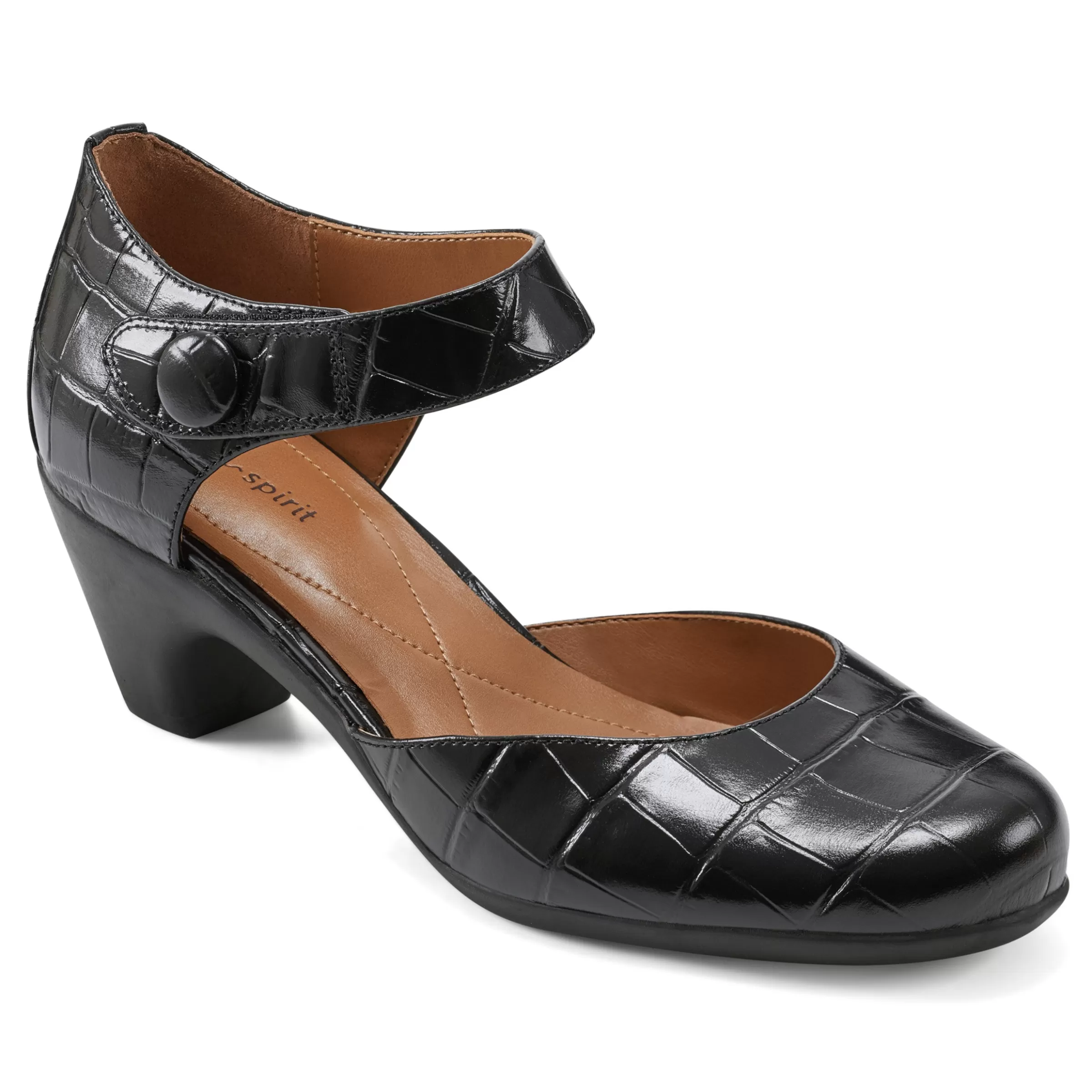 Clarice Mary Jane Heels | Mid Heels-Easy Spirit Clarice Mary Jane Heels Black Croco