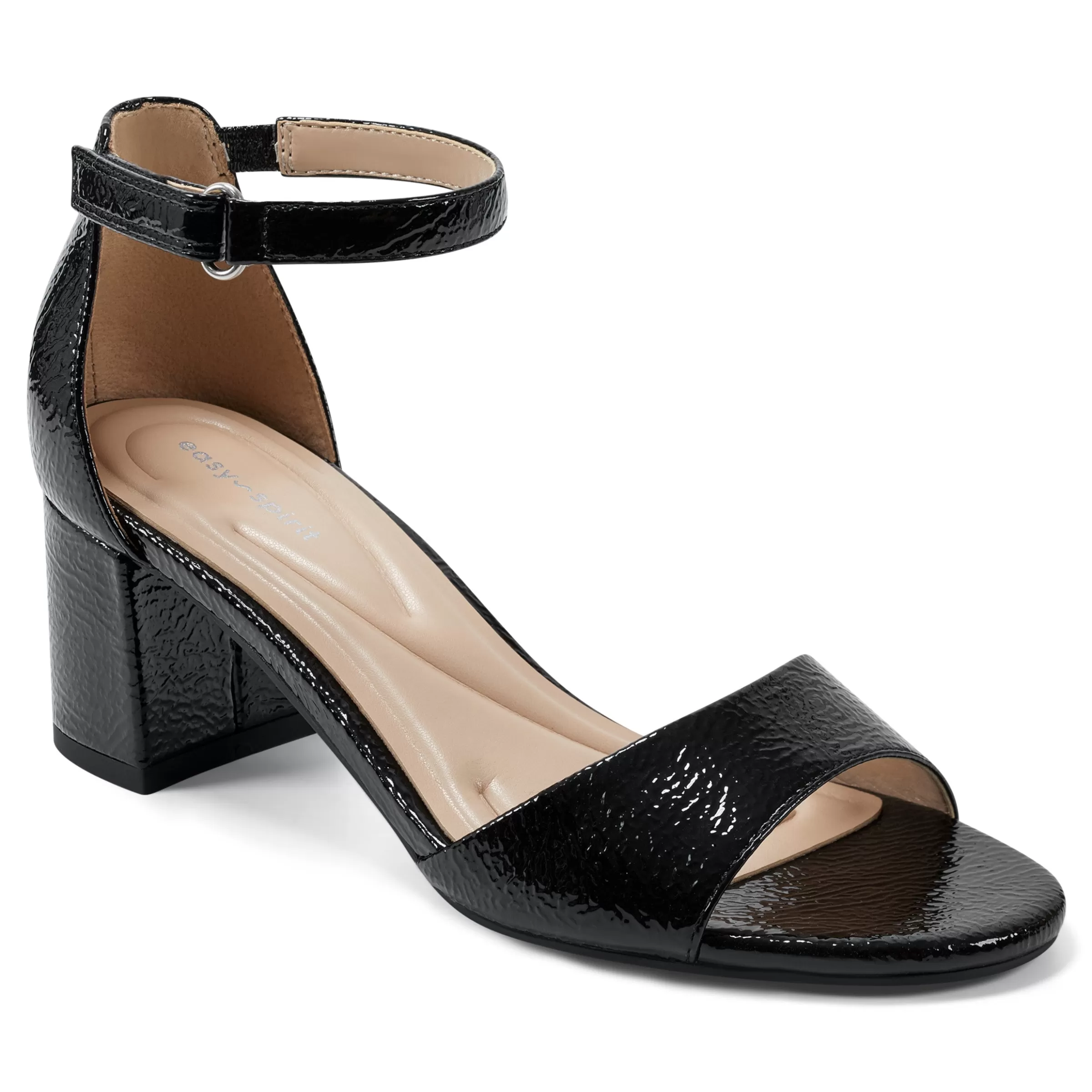 eFlex | eFlex-Easy Spirit Daven Ankle Strap Heeled Sandals Black Crinkle Patent