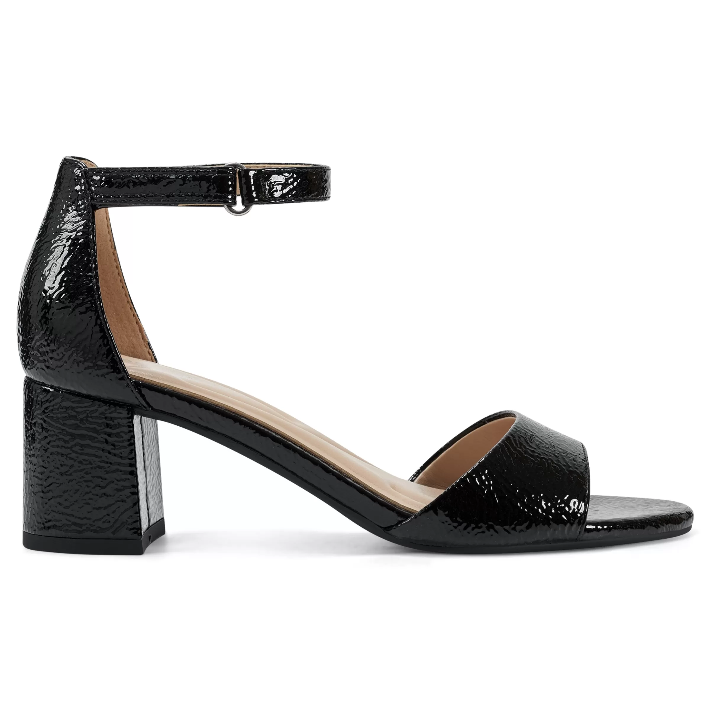 eFlex | eFlex-Easy Spirit Daven Ankle Strap Heeled Sandals Black Crinkle Patent