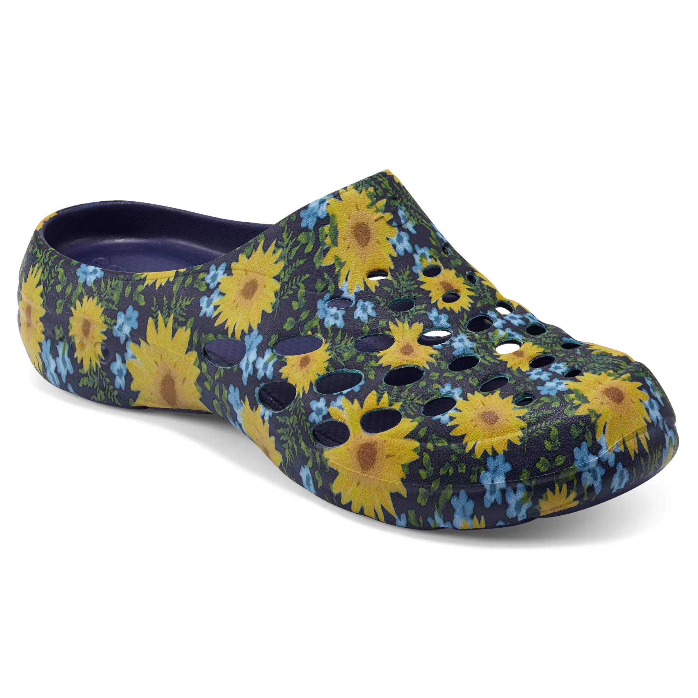 Traveltime Family | Traveltime Clogs-Easy Spirit Travelclog Slip On Mules Blue Multi Sunflower Print