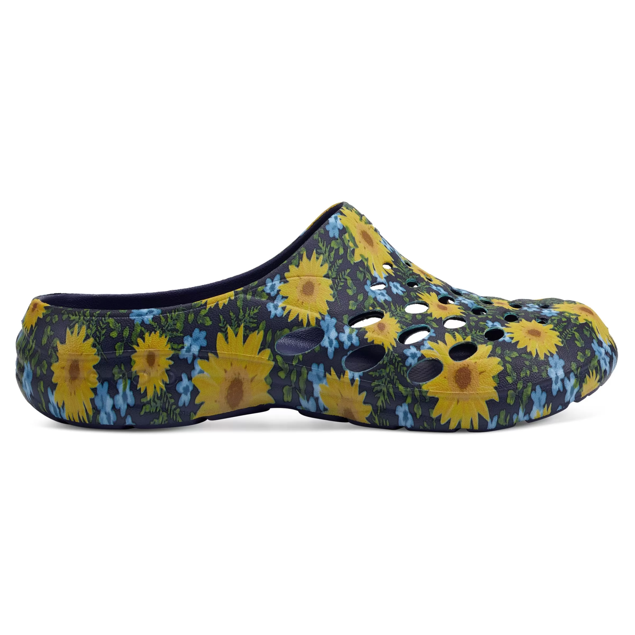 Traveltime Family | Traveltime Clogs-Easy Spirit Travelclog Slip On Mules Blue Multi Sunflower Print